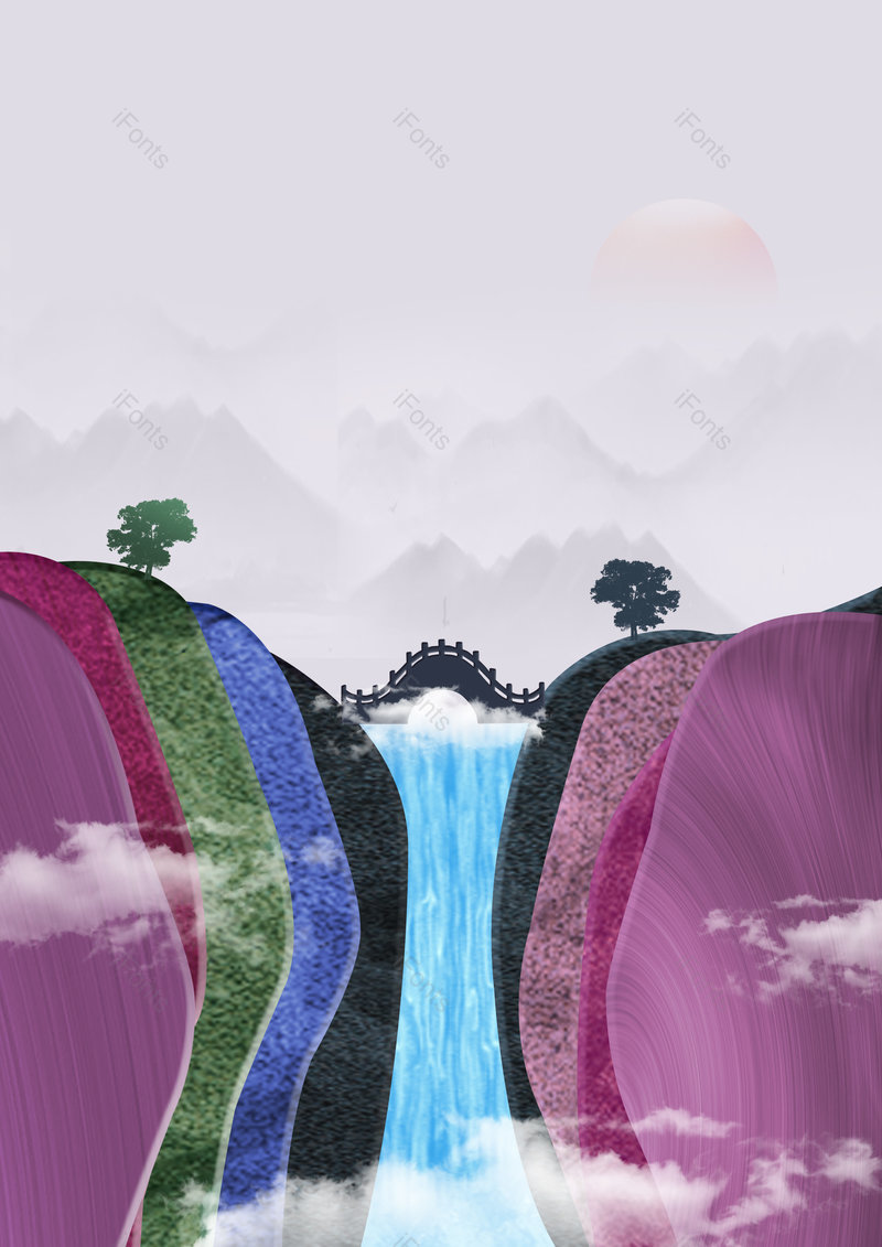 彩色中国风山坡意境国风山峰河流宣传背景,插画/手绘图,插画/手绘图库,插画/手绘图下载,插画/手绘